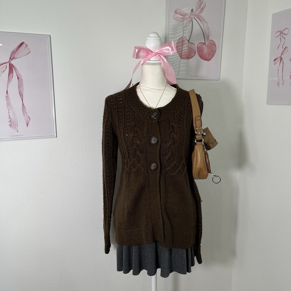 American Vintage Sweaters - Y2K Vintage Brown Knit Milkmaid 3 Button Cardigan Sweater Womens Medium‎